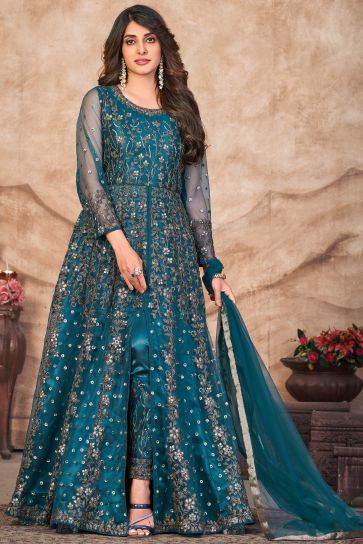 Cyan Color Wedding Wear Embroidered Anarkali Salwar Suit In Net Fabric