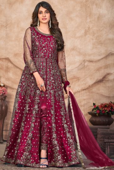 Reception Wear Embroidered Net Fabric Anarkali Salwar Kameez In Maroon Color