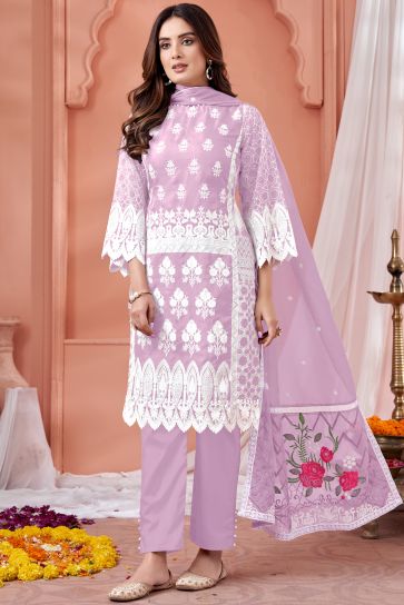 Function Wear Lavender Color Embroidered Salwar Suit In Organza Fabric