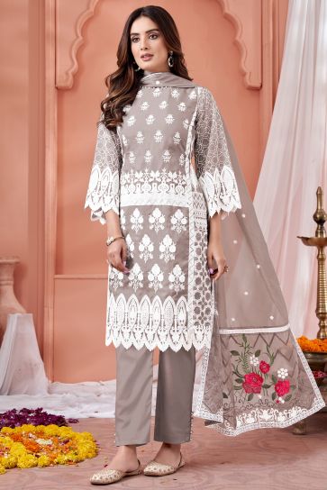 Embroidered Festive Wear Salwar Kameez In Organza Fabric Beige Color