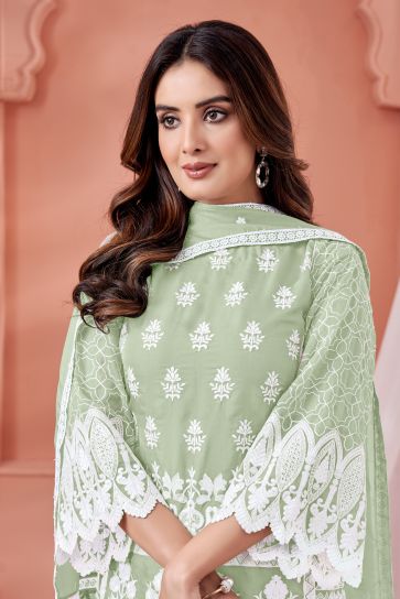 Sea Green Color Function Wear Embroidered Salwar Suit In Organza Fabric