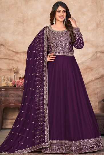 Art Silk Fabric Embroidered Function Wear Anarkali Salwar Suit In Purple Color