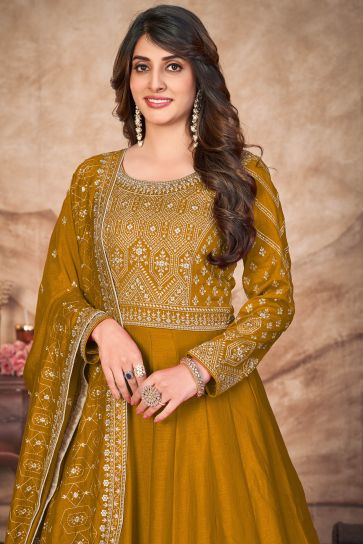 Mustard Color Festive Wear Embroidered Anarkali Salwar Suit In Art Silk Fabric