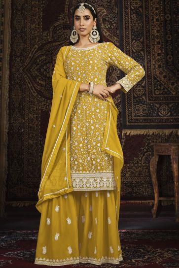 Party Wear Yellow Color Palazzo Salwar Suit In Georgette Fabric