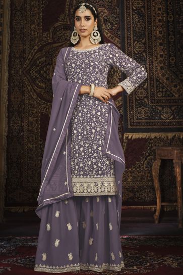 Embroidered Sangeet Wear Palazzo Salwar Kameez In Lavender Color
