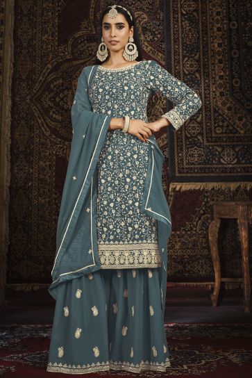 Teal Color Wedding Wear Embroidered Palazzo Salwar Suit