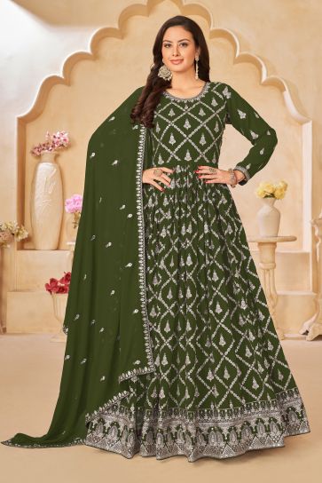 Green Color Festive Wear Embroidered Long Anarkali Salwar Suit In Georgette Fabric