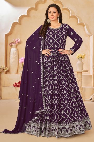 Purple Color Embroidered Long Anarkali Suit In Georgette Fabric