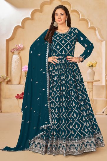 Georgette Fabric Embroidered Function Wear Long Anarkali Salwar Kameez In Teal Color