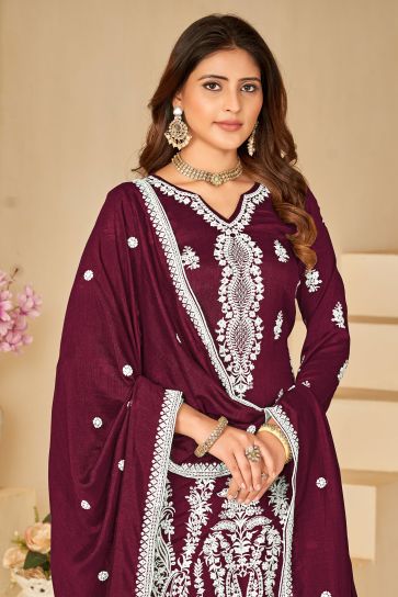 Fabulous Wine Color Palazzo Suit In Art Silk Fabric