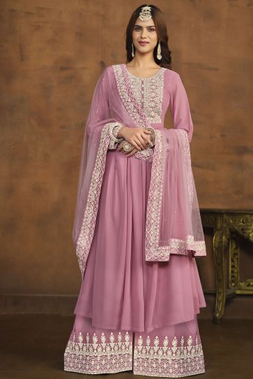 Engaging Pink Color Georgette Festive Wear Palazzo Suit 