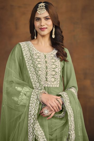 Classic Green Color Festive Wear Palazzo Suit In Georgette Fabric