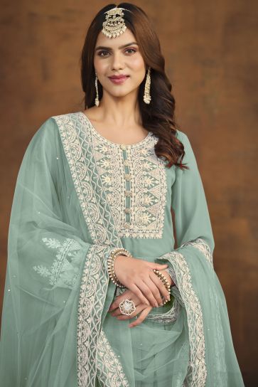 Georgette Fabric Cyan Color Festive Wear Winsome Palazzo Suit