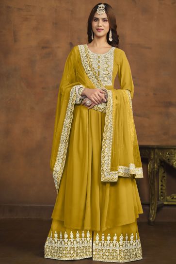 Tempting Georgette Yellow Color Festive Wear Palazzo Suit 
