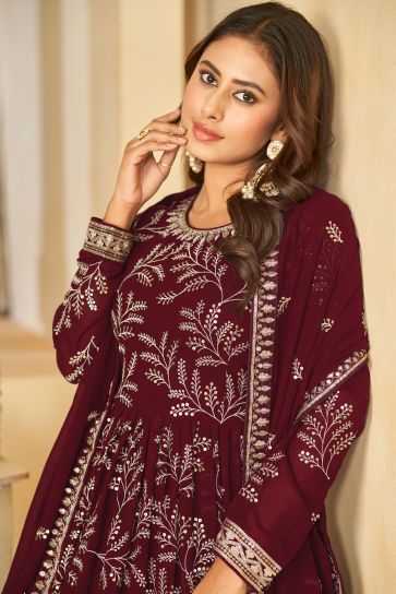 Dazzling Georgette Fabric Maroon Color Embroidered Anarkali Suit