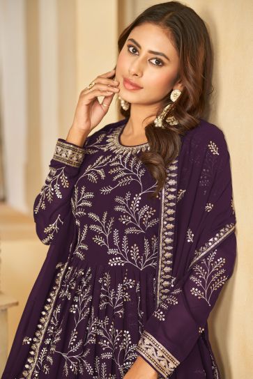 Georgette Fabric Purple Color Excellent Embroidered Anarkali Suit