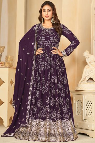 Georgette Fabric Purple Color Excellent Embroidered Anarkali Suit