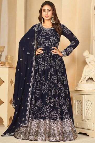 Navy Blue Color Glittering Georgette Fabric Embroidered Anarkali Suit