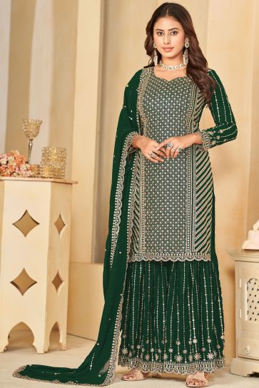 Dark Green Color Georgette Fabric Sangeet Wear Classic Palazzo Suit