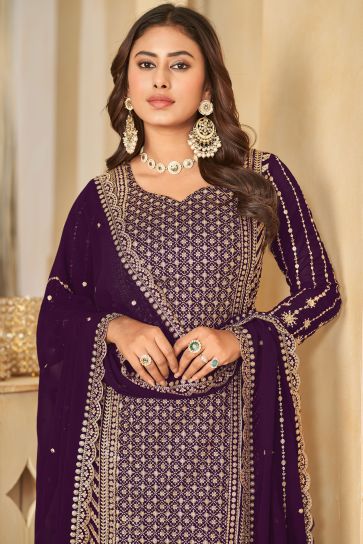 Purple Color Georgette Fabric Embroidery Work Sangeet Wear Stylish Palazzo Suit