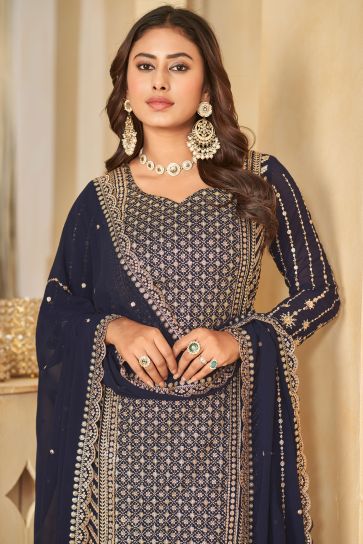 Georgette Fabric Sangeet Wear Lovely Palazzo Suit In Navy Blue Color