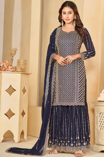 Georgette Fabric Sangeet Wear Lovely Palazzo Suit In Navy Blue Color