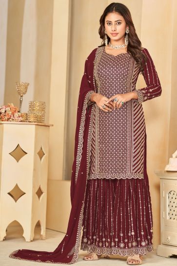 Maroon Color Georgette Fabric Alluring Sangeet Wear Palazzo Suit