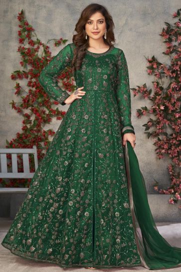Function Wear Net Fabric Dark Green Color Astounding Anarkali Suit