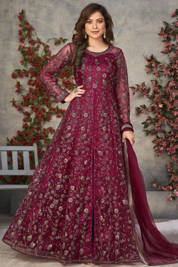Function Wear Net Fabric Maroon Color Mesmerizing Anarkali Suit