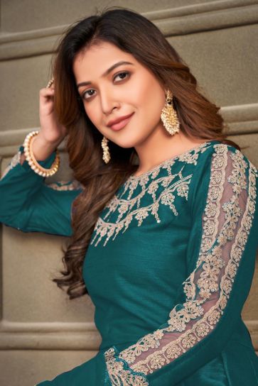 Art Silk Fabric Teal Color Excellent Function Style Anarkali Suit