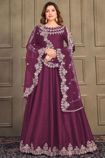 Glamorous Art Silk Fabric Purple Color Function Style Anarkali Suit