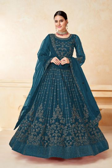 Teal Color Net Fabric Tempting Sangeet Wear Anarkali Suit