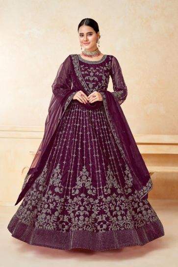 Alluring Net Fabric Purple Color Sangeet Wear Anarkali Suit