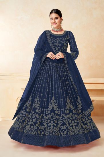 Excellent Net Fabric Blue Color Sangeet Wear Anarkali Suit