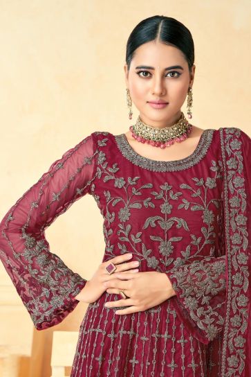 Maroon Color Net Fabric Elegant Sangeet Wear Anarkali Suit