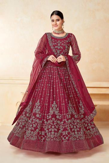 Maroon Color Net Fabric Elegant Sangeet Wear Anarkali Suit