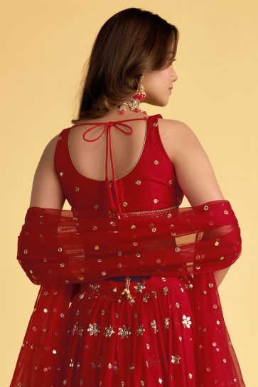 Febulous Georgette Fabric Red Color Sequins Work Lehenga