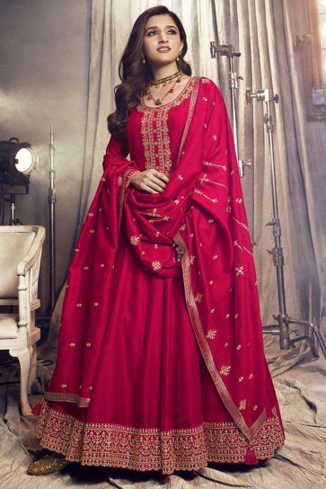 Nidhi Shah Red Color Art Silk Fabric Elegant Party Look Anarkali Suit