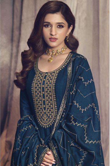Nidhi Shah Blue Color Art Silk Fabric Tempting Party Look Anarkali Suit