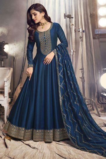 Nidhi Shah Blue Color Art Silk Fabric Tempting Party Look Anarkali Suit