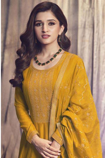 Nidhi Shah Charming Mustard Color Art Silk Fabric Party Look Anarkali Suit