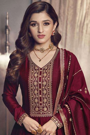Nidhi Shah Alluring Art Silk Fabric Maroon Color Party Look Anarkali Suit