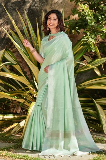 Sea Green Linen Fabric Regular Beautiful Saree