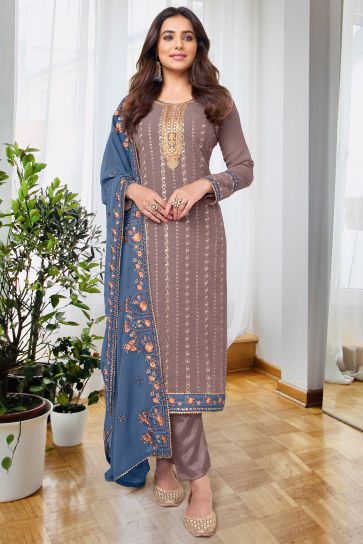 Embroidered Dark Beige Color Salwar Kameez In Georgette Chiffon Fabric