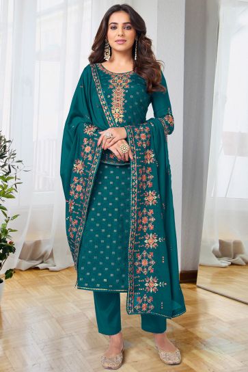 Embroidered Georgette Chiffon Fabric Suit In Teal Color