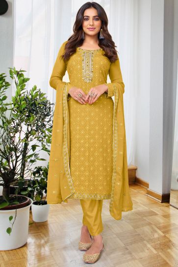 Yellow Color Embroidered Salwar Suit In Georgette Chiffon Fabric