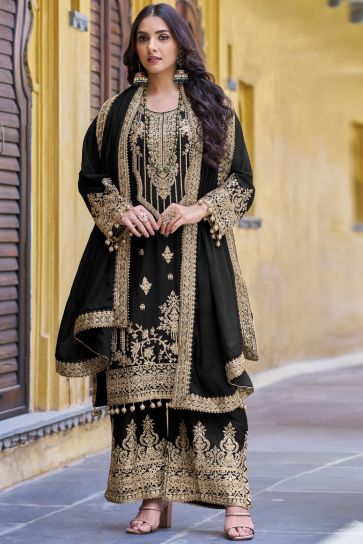 Chinon Fabric Black Color Glamorous Function Wear Readymade Palazzo Suit