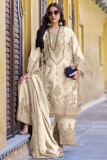 Beige Color Chinon Fabric Glorious Function Wear Readymade Palazzo Suit 