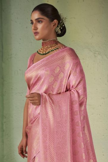 Charming Pink Color Kanjivaram Silk Saree with Weaving Work