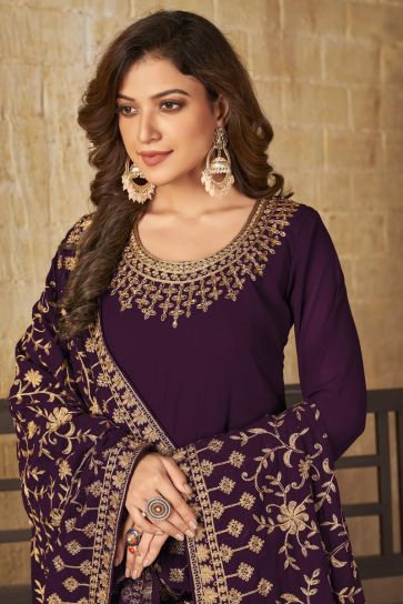 Purple Color Georgette Fabric Imposing Anarkali Suit With Embroidered Work